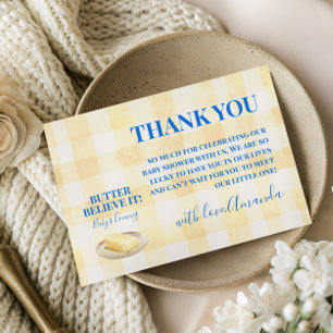 Rustic Butter Yellow Gingham Boy Baby Shower Thank You Card