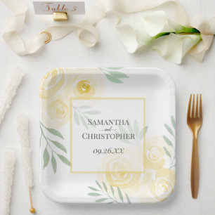 Rustic Butter Yellow Roses Elegant Boho Wedding Paper Plates