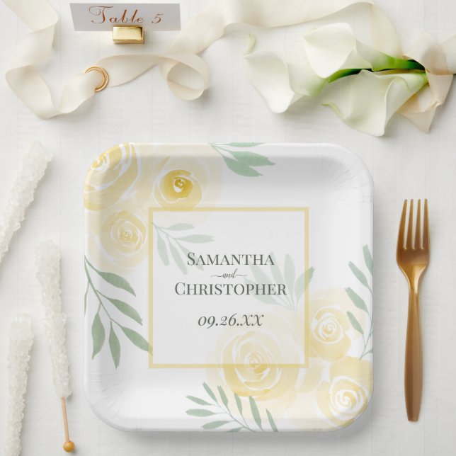 Rustic Butter Yellow Roses Elegant Boho Wedding Paper Plates (Wedding)