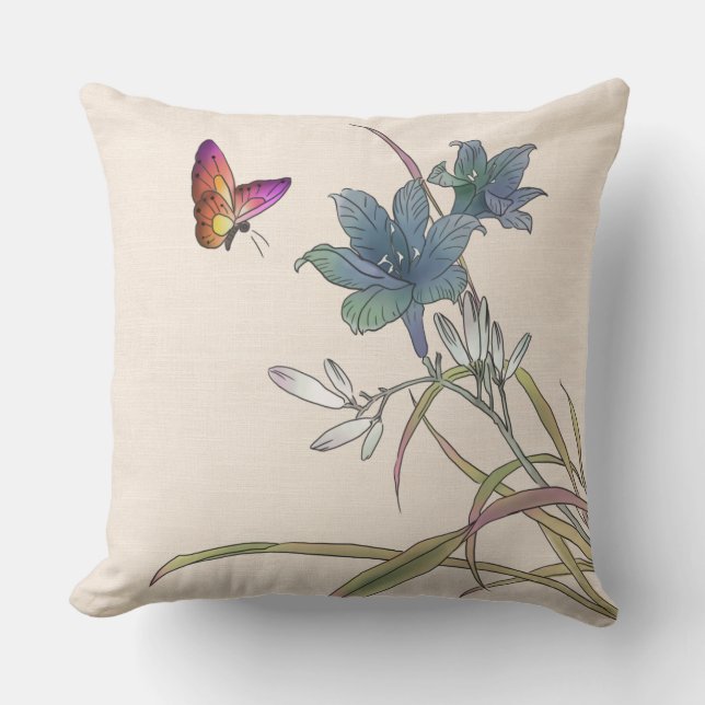 Rustic Butterflies and Orchid Flowers Throw Pillow (Front)