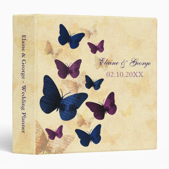 Rustic Butterflies Navy Plum Wedding Planner 3 Ring Binder (Front/Spine)