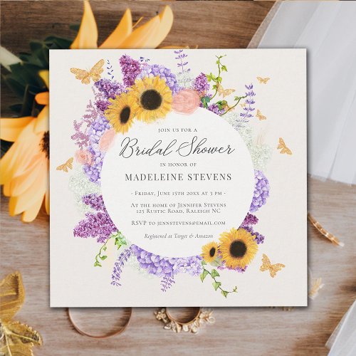 Rustic Butterfly Sunflower Lilac Bridal Shower Invitation