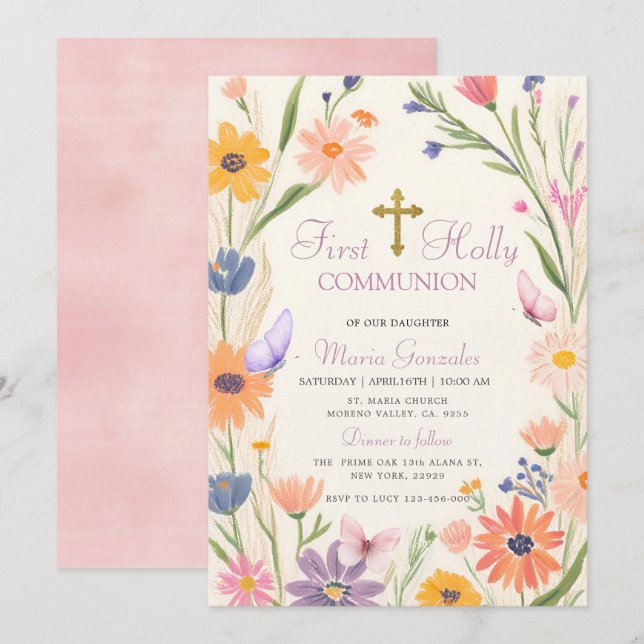 Rustic Butterlfy Wildflower First Holy Communion Invitation (Front/Back)