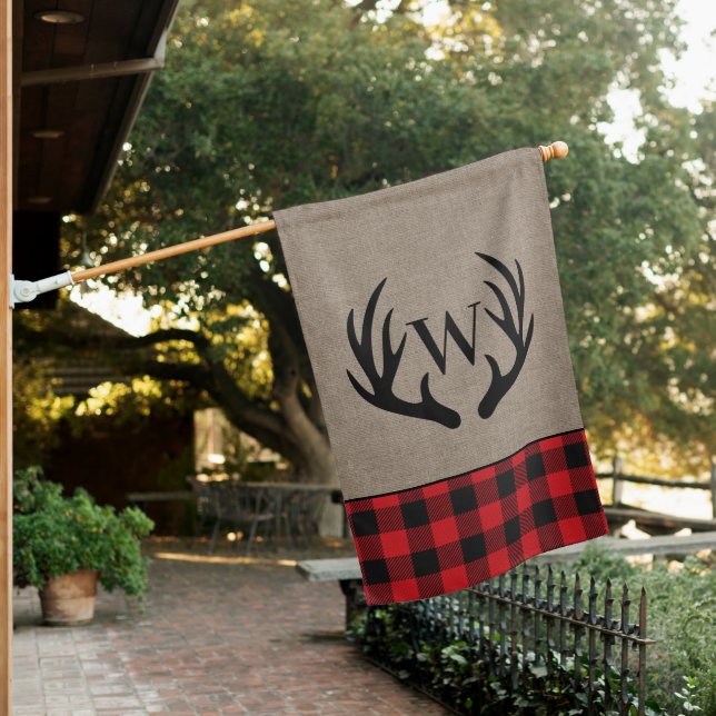 Rustic Cabin Antlers Monogrammed Buffalo Plaid  House Flag (In SItu)