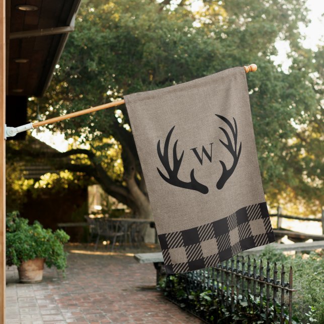 Rustic Cabin Antlers Monogrammed Buffalo Plaid  House Flag (In SItu)
