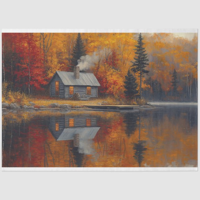 Rustic Cabin Autumn at the Lake Decoupage Tissue Paper (Front)