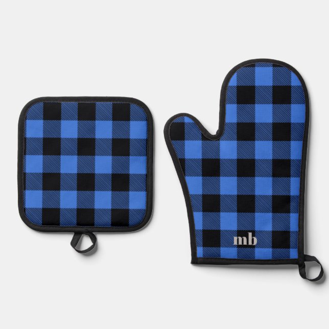 Rustic Cabin Black Blue Buffalo Plaid Pattern  Oven Mitt & Pot Holder Set (Front)
