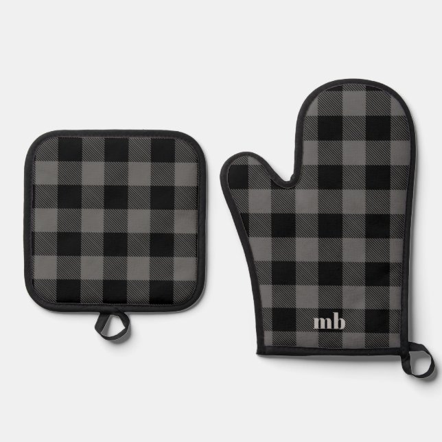 Rustic Cabin Black Gray Buffalo Plaid Pattern  Oven Mitt & Pot Holder Set (Front)