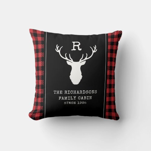 Rustic Cabin Buffalo Plaid Deer Family Name Throw Pillow