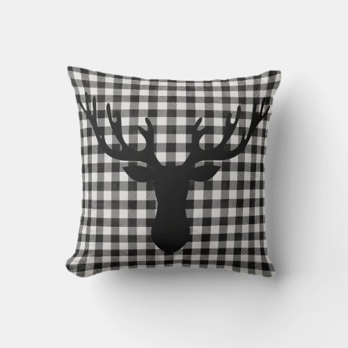 Rustic Cabin Buffalo Plaid Pattern Deer Silhouette Throw Pillow