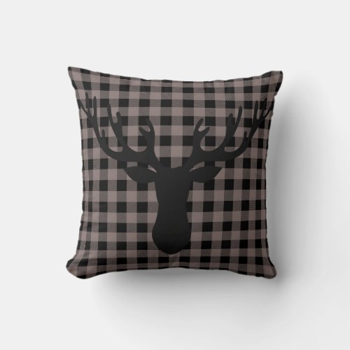 Rustic Cabin Buffalo Plaid Pattern Deer Silhouette Throw Pillow