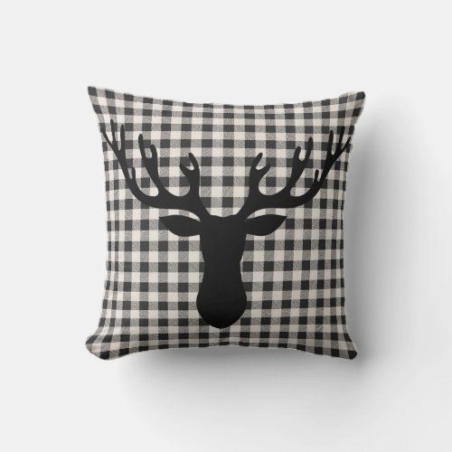 Rustic Cabin Buffalo Plaid Pattern Deer Silhouette Throw Pillow