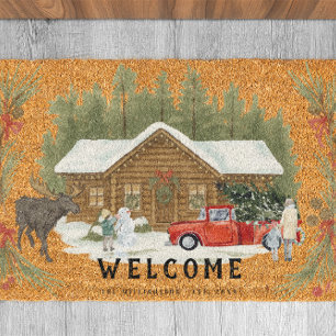 Rustic Cabin Christmas Moose Family Name Fiber Doormat