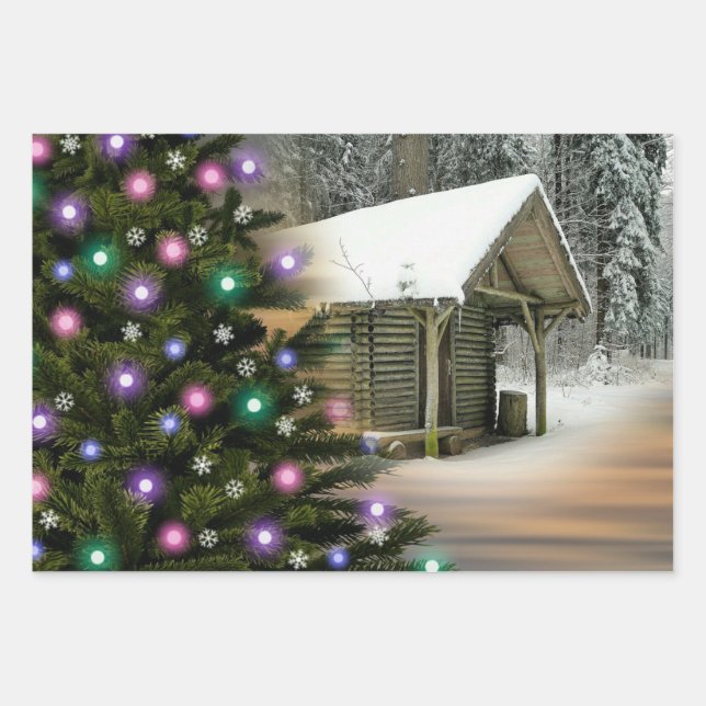 Rustic Cabin Christmas Wrapping Paper Sheets (Front)