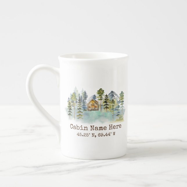 Rustic Cabin Custom Coordinates Pinery Mountain Bone China Mug (Left)