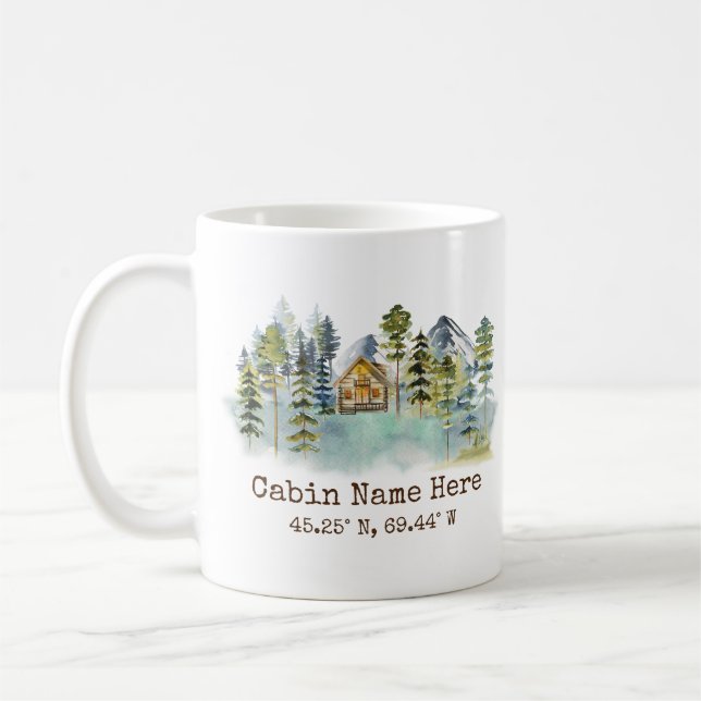 Rustic Cabin Custom Coordinates Pinery Mountain Coffee Mug (Left)
