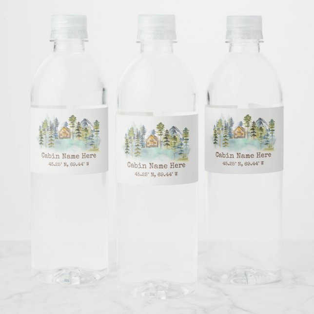 Rustic Cabin Custom Coordinates Pinery Mountain Water Bottle Label (Bottles)