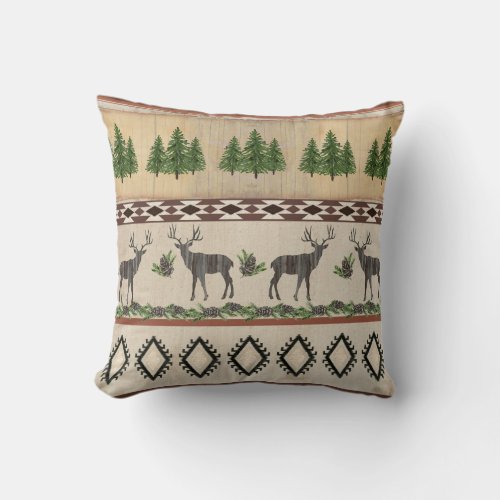 Rustic Cabin Deer Silhouette Pine Tribal Pattern Throw Pillow