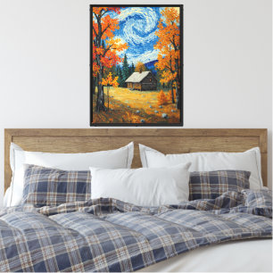 Rustic Cabin Fall Landscape Impressionist Art Canvas Print