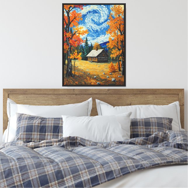 Rustic Cabin Fall Landscape Impressionist Art Canvas Print (Insitu(Bedroom))