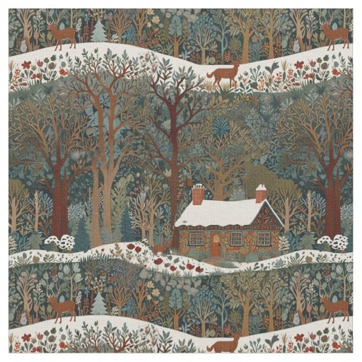 Rustic cabin in the snowy woodland landscape fabric