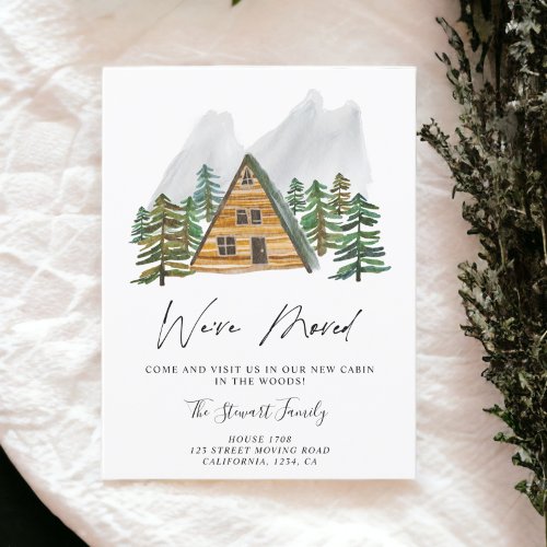 Rustic cabin in the wood watercolor trees moving announcement postcard