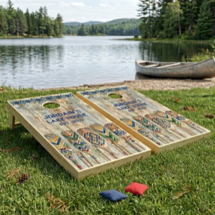 Rustic Cabin Lake Vintage Wood Paddles Family Name Cornhole Set