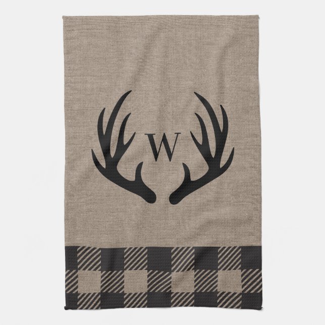 Rustic Cabin Lodge Antlers Monogrammed Hand Towel (Vertical)