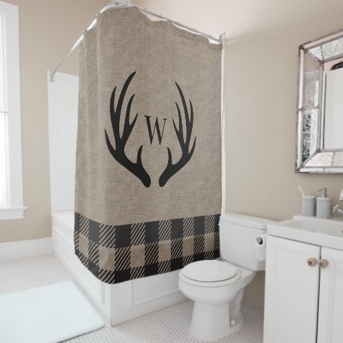 Rustic Cabin Lodge Antlers Monogrammed Linen  Shower Curtain