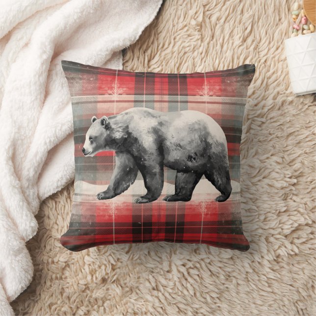 Rustic Cabin Lodge Bear on Red Plaid Throw Pillow (Blanket)