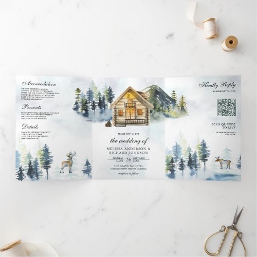 Rustic Cabin Lodge Mountain Forest QR Code Wedding Tri_Fold Invitation