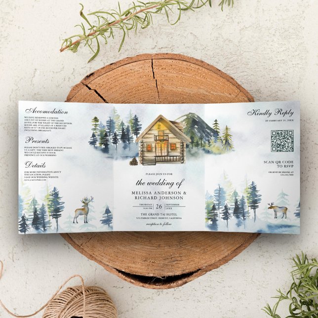 Rustic Cabin Lodge Mountain Forest QR Code Wedding Tri-Fold Invitation (Creator Uploaded)
