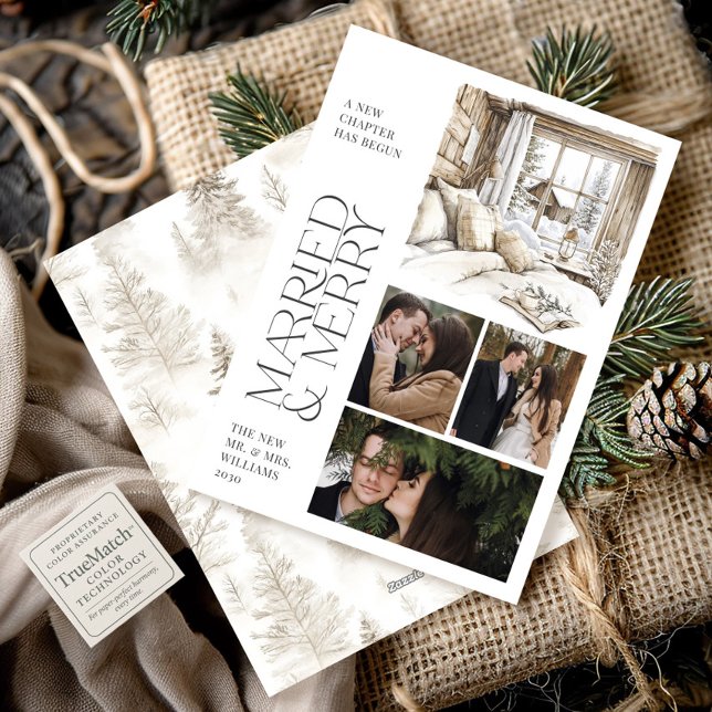 Rustic Cabin Married & Merry Collage Photo Holiday Card (Creator Uploaded)