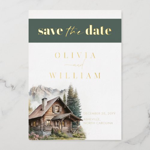 Rustic Cabin Mountains Winter Fall Save The Date Foil Invitation
