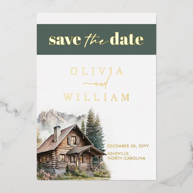 Rustic Cabin Mountains Winter Fall Save The Date Foil Invitation (Front)