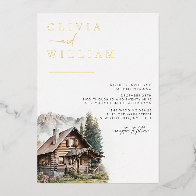 Rustic Cabin Mountains Winter Fall Wedding Foil Invitation (Front)