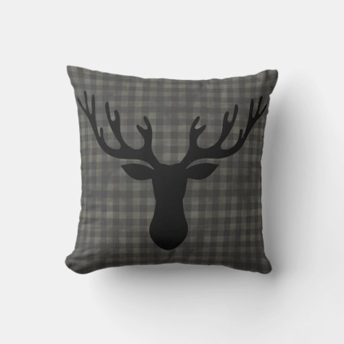 Rustic Cabin Plaid Deer Silhouette Throw Pillow