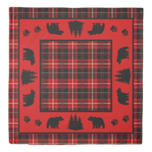 Rustic Cabin Red Plaid Black Bear Duvet Cover