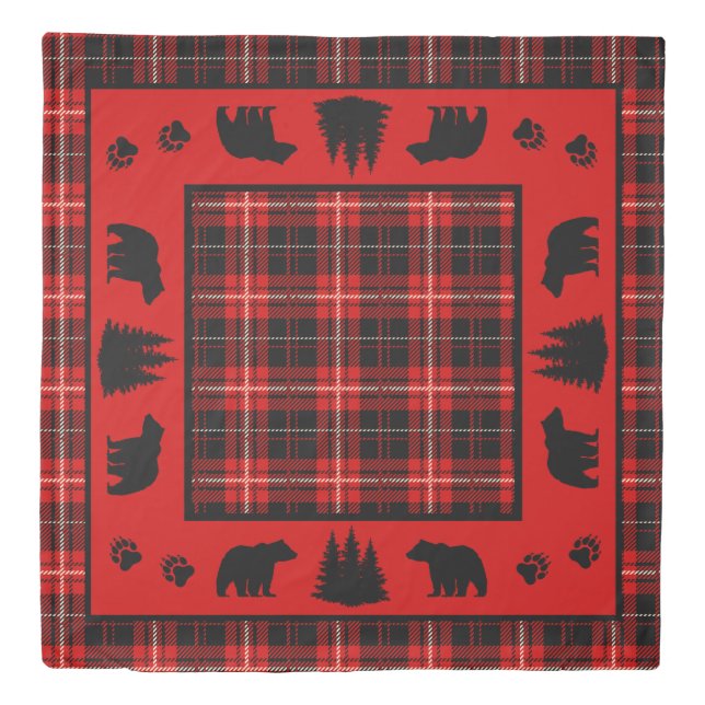 Rustic Cabin Red Plaid Black Bear Duvet Cover (Front)