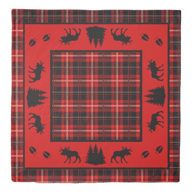 Rustic Cabin Red Plaid Black Moose Duvet Cover (Front)