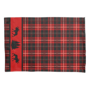 Rustic Cabin Red Plaid Black Moose Pillow Case