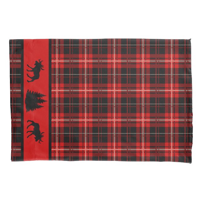 Rustic Cabin Red Plaid Black Moose Pillow Case (Front)