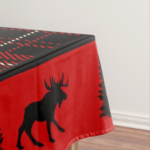 Rustic Cabin Red Plaid Black Moose Trees Tablecloth