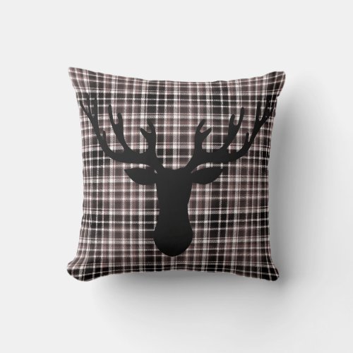 Rustic Cabin Small Plaid Pattern Deer Silhouette Throw Pillow
