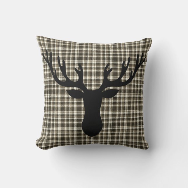 Rustic Cabin Small Plaid Pattern Deer Silhouette Throw Pillow (Front)