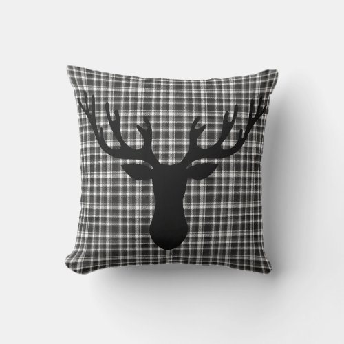 Rustic Cabin Small Plaid Pattern Deer Silhouette Throw Pillow