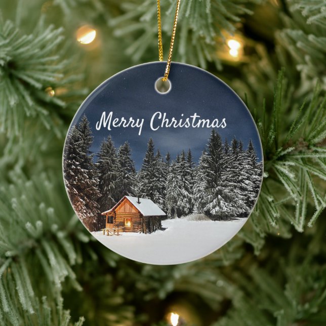 Rustic Cabin Snow Winter  Christmas Ceramic Ornament (Tree)