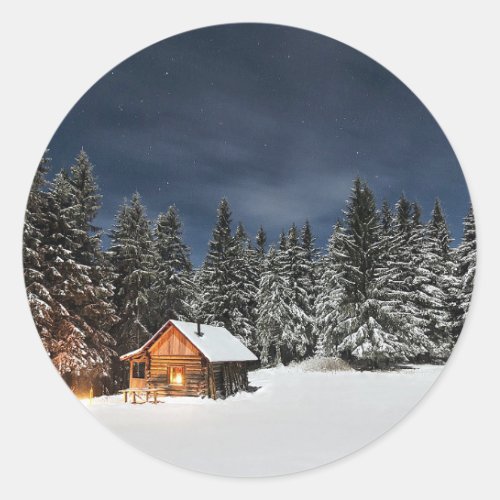 Rustic Cabin Snow Winter Classic Round Sticker