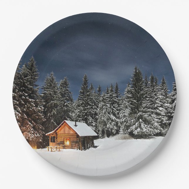 Rustic Cabin Snow Winter Paper Plates (Front)