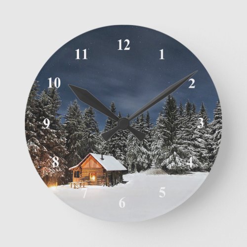 Rustic Cabin Snow Winter Round Clock